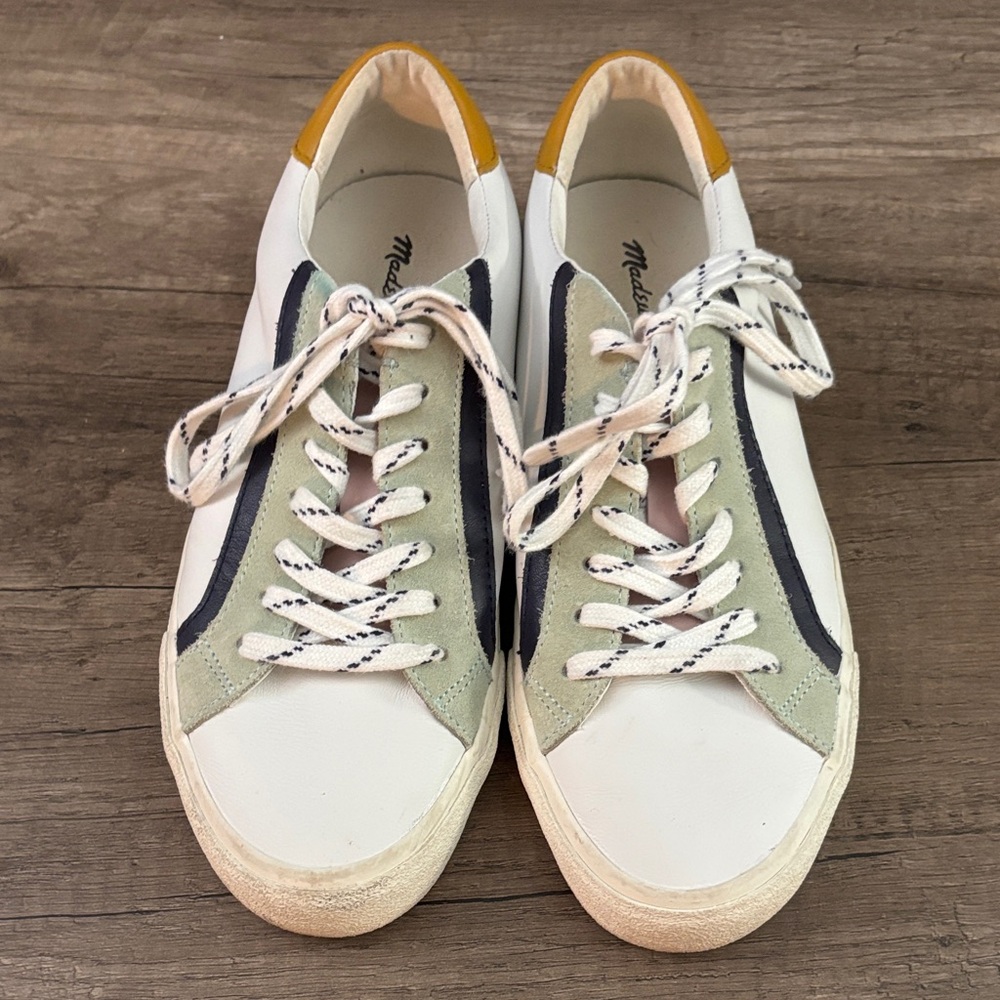 Madewell White, Sage & Navy Low-Top Sneakers with Mustard Heel